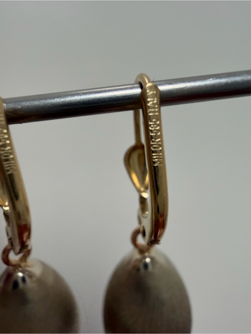 14K Gold Brushed Teardrop Drop Earrings | Two-Tone Satin Finish | 3.14g - Picture 6 of 16